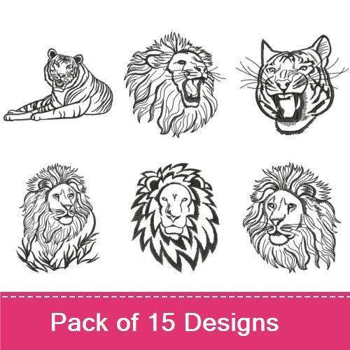 Wild Animal Embroidery Bundle – Lion Head, Roaring Lion, Tiger Walking & More (15 Designs)