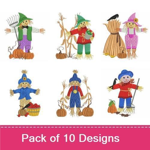 Autumn Harvest Scarecrows Embroidery Designs Bundle – Scarecrow with Rake, Scarecrow with Pumpkins, Scarecrow with Hay Bales & More (10 Designs)