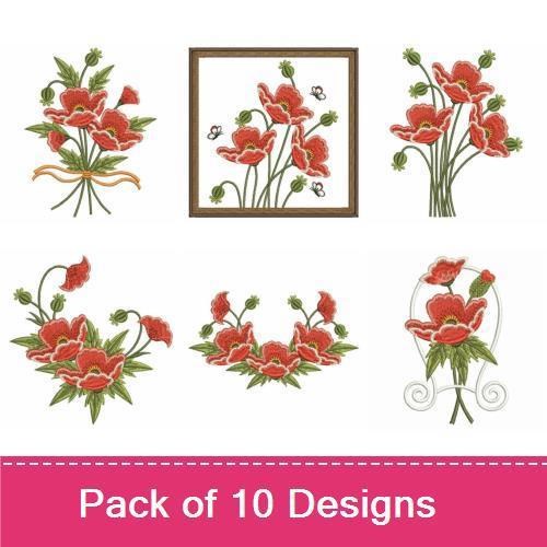 Red Poppy Floral Embroidery Designs Bundle – Red Poppy Floral Arrangement, Red Poppy with Bees, & More (10 Designs)