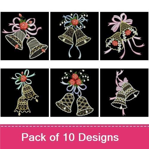 Wedding Bells Embroidery Designs Bundle – Decorative Wedding Bell with Rose, Lace Wedding Bell with Bow & More (10 Designs)