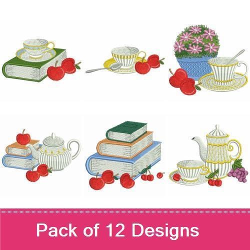 Tea Time Embroidery Designs Bundle – Teapot, Teacup, Apples & More (12 Designs)
