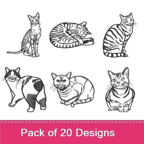 Redwork Elegant Cat Embroidery Designs Bundle – Sitting Cat, Stretching Cat, Sleeping Cat, Playful Cat & More (20 Designs)