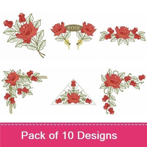 Floral Embroidery Designs Bundle – Classic Red Roses, Red Rose Bouquet, Rose Branch Design & More (10 Designs)