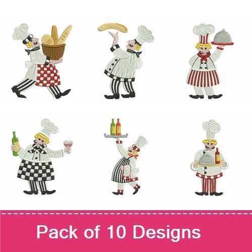 Cheerful Chefs Embroidery Designs Bundle – Chef with Baguettes, Chef with Wine Glass, & More (10 Designs)