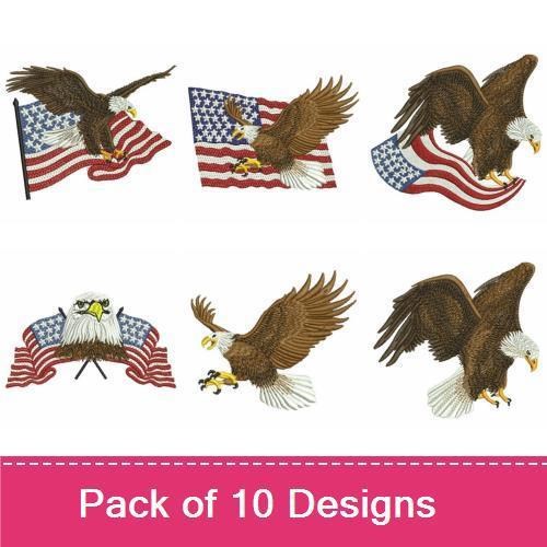 Patriotic Eagle Embroidery Designs Bundle – Eagle with Flag, Eagle Soaring Above Flag, & More (10 Designs)