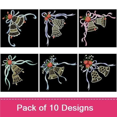 Wedding Bells Embroidery Designs Bundle – Wedding Bells with Ribbons and Roses, Decorative Wedding Bell, & More (10 Designs)