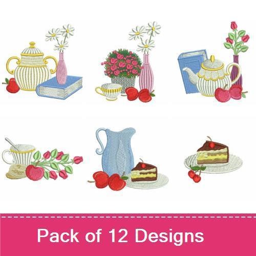 Cozy Tea Time Elements Embroidery Designs Bundle – Teapot with Fruit, Mug with Lemon, Pitcher with Flowers & More (12 Designs)