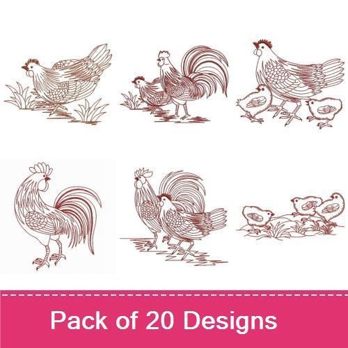 Redwork Roosters and Chicks Embroidery Bundle – Rooster, Chick, Hen & More (20 Designs)