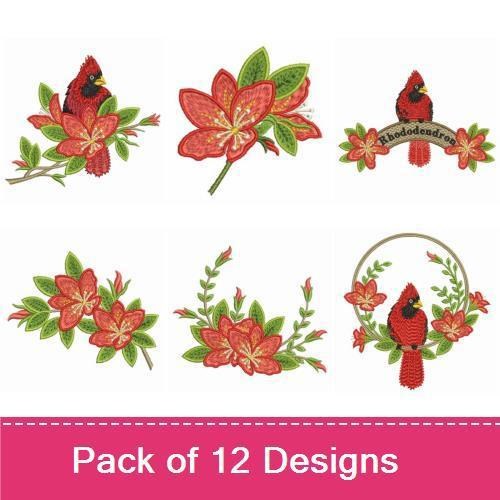 Cardinal & Rhododendron Floral Embroidery Designs Bundle – Cardinal with Rhododendrons, Floral Wreath with Cardinal & More (12 Designs)