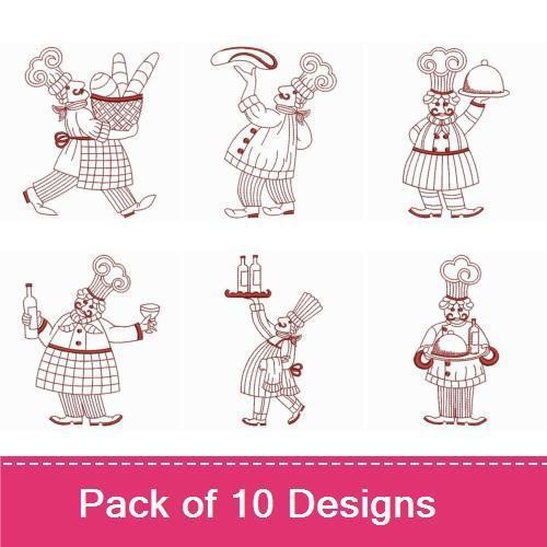Redwork Chef Embroidery Designs Bundle – Chef with Tray, Chef with Ice Cream, Chef with Cake & More (10 Designs)