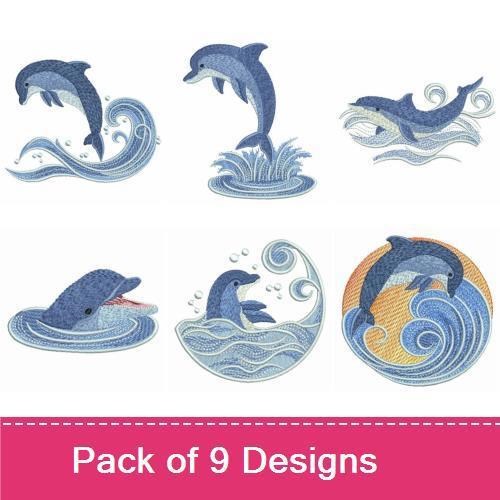 Dolphins & Waves Embroidery Bundle – Leaping Dolphin, Dolphin Splashing, Swimming Dolphin & More (9 Designs)