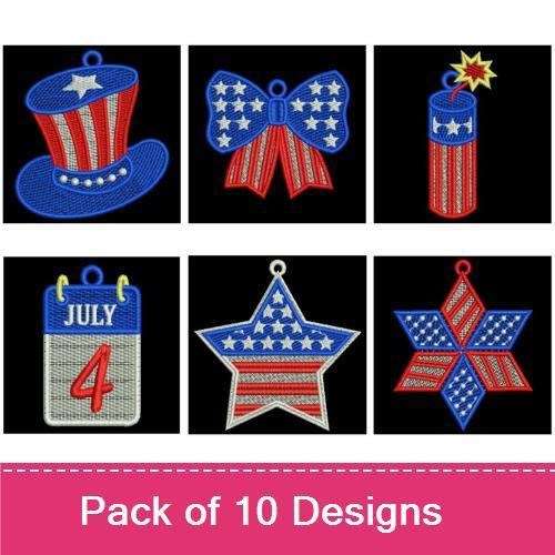 FSL Patriotic Embroidery Designs Bundle – Top Hat, Star Ornament, Bow & More (10 Designs)