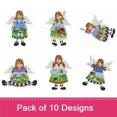 Country Angel Embroidery Designs Bundle – Green Skirt, Floral Skirt, Heart Skirt & More (10 Designs)