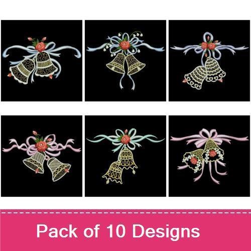 Elegant Wedding Bells Embroidery Designs Bundle – Decorative Wedding Bell with Roses, Bell with Bow & More (10 Designs)