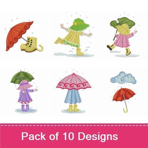 Children Playing in the Rain Embroidery Designs Bundle – Raincoat Kids, Colorful Umbrellas, & More (10 Designs)