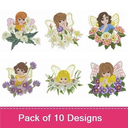 Flower Fairy Embroidery Designs Bundle – Daisies, Daffodils, Lilacs & More (10 Designs)
