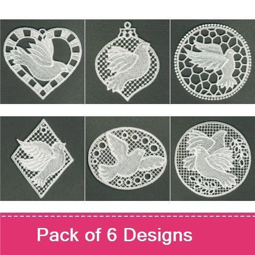 FSL Delicate White Doves Embroidery Designs Bundle – Dove Ornament with Honeycomb, Dove in Heart, Dove in Circle & More (6 Designs)