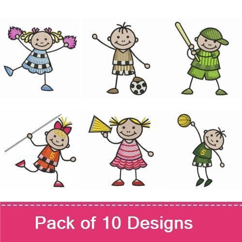 Kids Sports and Cheer Embroidery Designs Bundle – Cheerleader with Pom Poms, Soccer Player, Baseball Player & More (10 Designs)