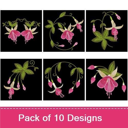 Fuchsia Floral Embroidery Designs Bundle – Fuchsia Flower with Leaves, Fuchsia Blossom, Fuchsia Vine & More (10 Designs)