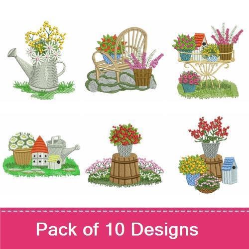 Garden-Themed Embroidery Bundle – Garden Chair, Watering Can, Flower Basket & More (10 Designs)