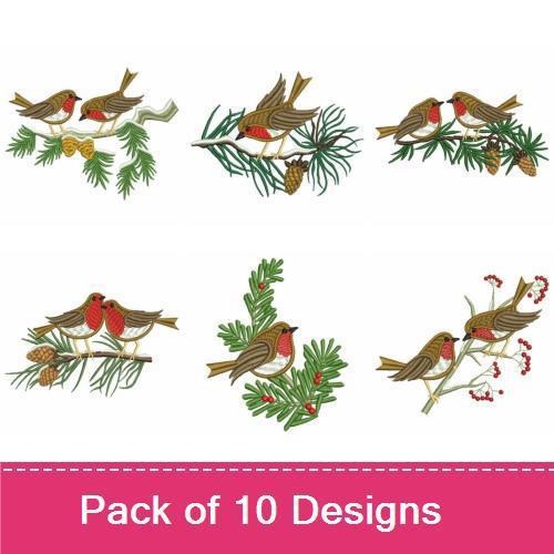Festive Robins Embroidery Designs Bundle – Two Robins on Pine Branch, Robin with Berries & More (10 Designs)