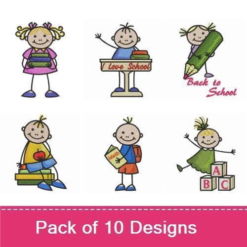 Back to School Kids Embroidery Designs Bundle – Boy with School Desk, Girl with Ponytails, Pencil with Text & More (10 Designs)