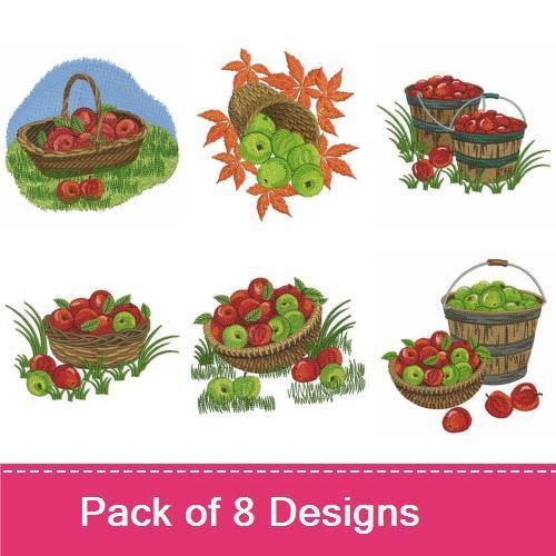 Autumn Apple Harvest Embroidery Designs Bundle – Apple Basket, Barrel of Apples, & More (8 Designs)