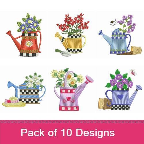 Colorful Watering Can Embroidery Designs Bundle – Blue & Red Flowers, Checkerboard Pattern & More (10 Designs)