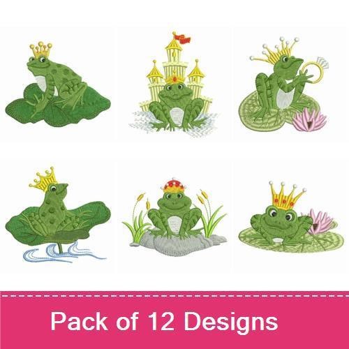 Royal Frog Fairy Tale Embroidery Bundle – Royal Frog with Castle, Frog with Crown and Drink & More (12 Designs)