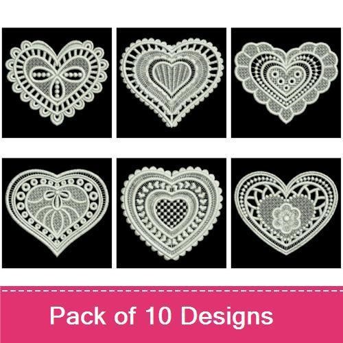 FSL Lace Heart Embroidery Designs Bundle – Lace Heart with Flowers, Heart Ornament with Bow, Ornate Lace Heart & More (10 Designs)