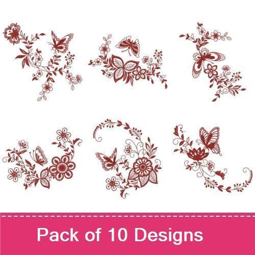 Redwork Elegant Butterfly Floral Embroidery Designs Bundle – Butterfly with Floral Wreath, Floral Bouquet with Butterfly & More (10 Designs)