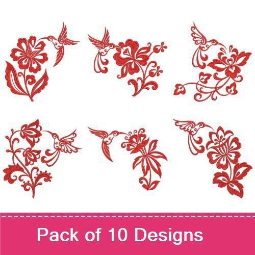 Redwork Hummingbird & Floral Embroidery Bundle – Hummingbird with Flower, Floral Design with Hummingbird & More (10 Designs)