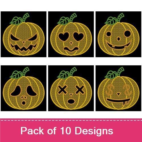 FSL Pumpkin Faces Embroidery Designs Bundle – Scary Eyes, Heart Eyes, Smile & More (10 Designs)