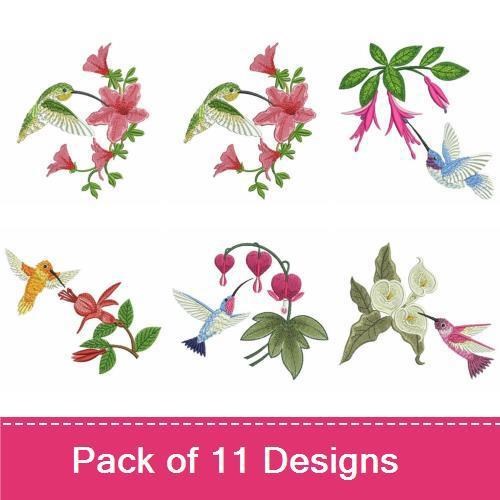 Hummingbirds & Flowers Embroidery Designs Bundle – Hummingbird with Pink Flowers, Hummingbird with Blue Flowers, & More (11 Designs)