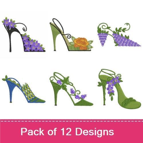 Floral High Heel Shoes Embroidery Designs Bundle – Purple, Orange & Green Floral Accents (12 Designs)