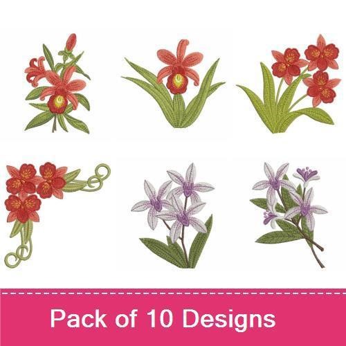 Orchid Floral Embroidery Bundle – Red Orchid Bouquet, Single Red Orchid, Bee and Orchid & More (10 Designs)