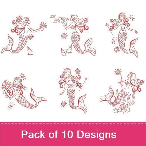 Redwork Elegant Mermaids Embroidery Designs Bundle – Mermaid with Sun, Mermaid Blowing Bubbles, Mermaid with Seaweed & More (10 Designs)