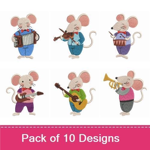 Musical Mice Embroidery Designs Bundle – Mouse with Accordion, Mouse with Violin, Mouse with Drum & More (10 Designs)
