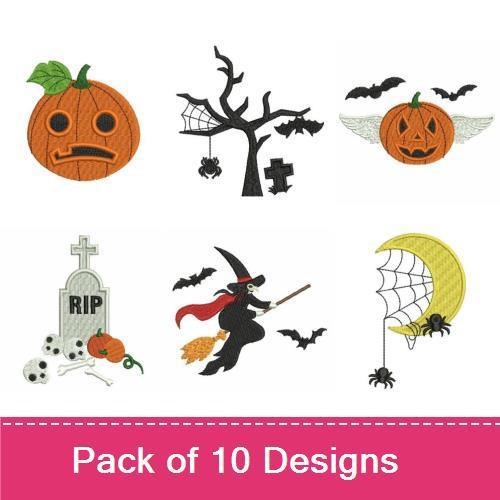 Halloween-themed Embroidery Designs Bundle – Witch on Broomstick, Jack O' Lantern, Black Cat & More (10 Designs)