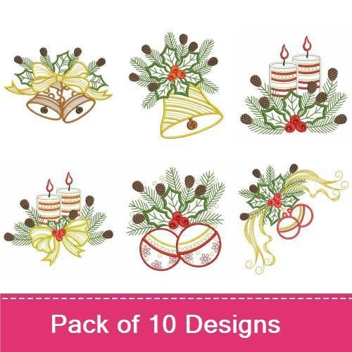 Holiday Ornaments Embroidery Designs Bundle – Christmas Ornament, Holiday Bell, Holly and Bows & More (10 Designs)