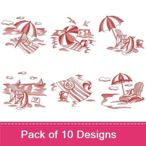 Redwork Beach Day Embroidery Designs Bundle – Beach Chair with Umbrella, Swimming Pool with Float, Beach Umbrella & More (10 Designs)