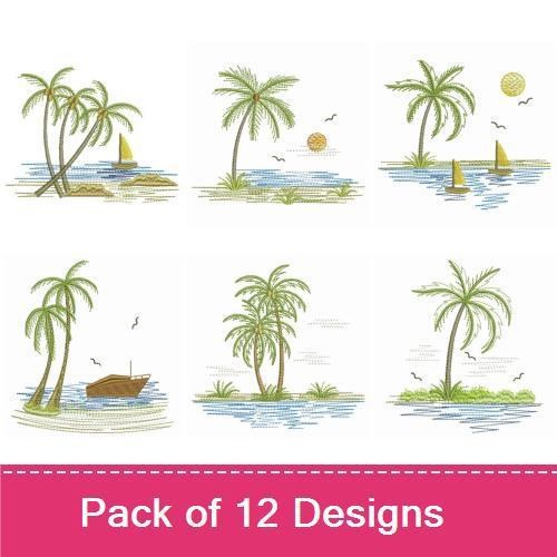 Tropical Beach Scenes Embroidery Designs Bundle – Palm Trees, Sailboats, Sunset & More (12 Designs)