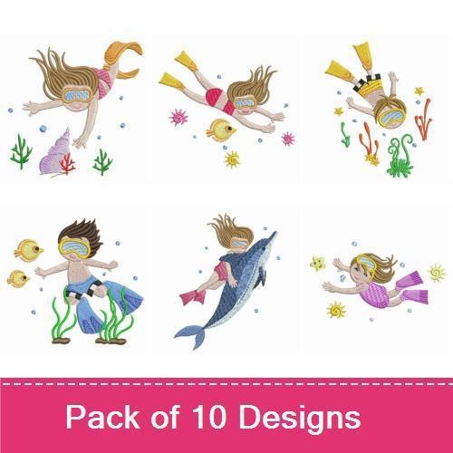 Underwater Adventure Embroidery Designs Bundle – Girl Swimming with Dolphin, Snorkeling Boy, Diving Girl & More (10 Designs)