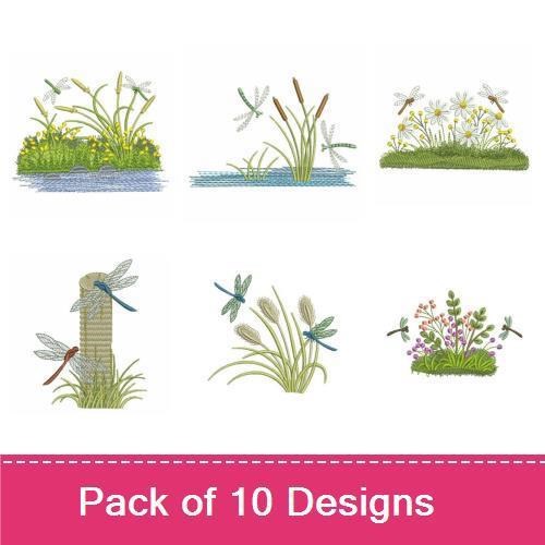 Dragonfly & Water Plants Embroidery Designs Bundle – Dragonfly on Water Plant, Iris and Dragonfly, Pond with Grass & More (10 Designs)