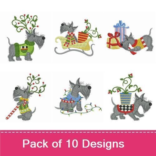 Festive Scottie Dogs Embroidery Bundle – Scottie Dog with Christmas Tree, Sleigh, Gifts & More (10 Designs)