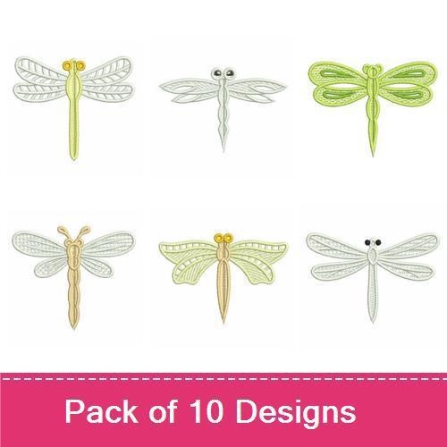 FSL Dragonfly Embroidery Bundle – Whimsical Dragonfly with Green Body, Pink Body, Yellow Body & More (10 Designs)
