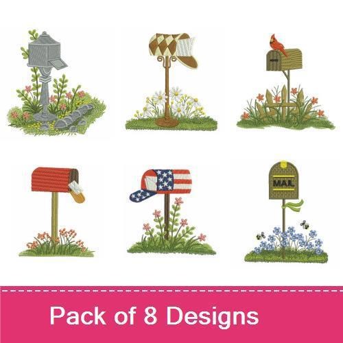 Charming Mailbox Embroidery Designs Bundle – Cardinal on Mailbox, American Flag Mailbox, Birdhouse Mailbox & More (8 Designs)