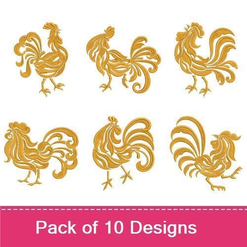 Golden Roosters Embroidery Bundle – Elegant Rooster, Curly Feather Rooster, Standing Rooster & More (10 Designs)