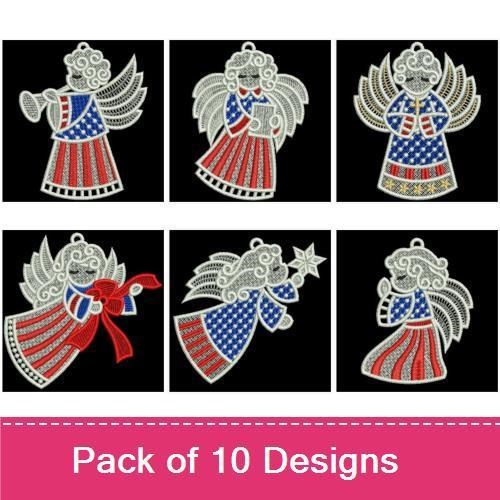 FSL Patriotic Angels Embroidery Designs Bundle – Angel with Stars and Stripes, Angel Holding a Bell, & More (10 Designs)
