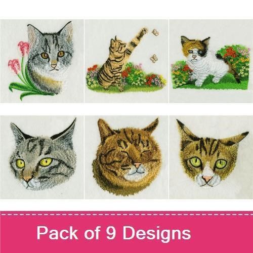 Playful Cat Embroidery Designs Bundle – Tabby with Butterflies, Siamese with Flowers, Kittens Playing & More (9 Designs)